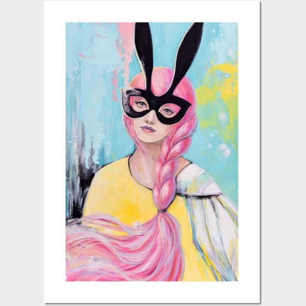 Woman in Mask. Pink and Black Wall Art by Olya Yatsenko